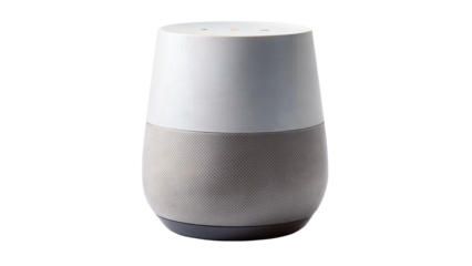 A google home smart speaker in grey and white is isolated on transparent background