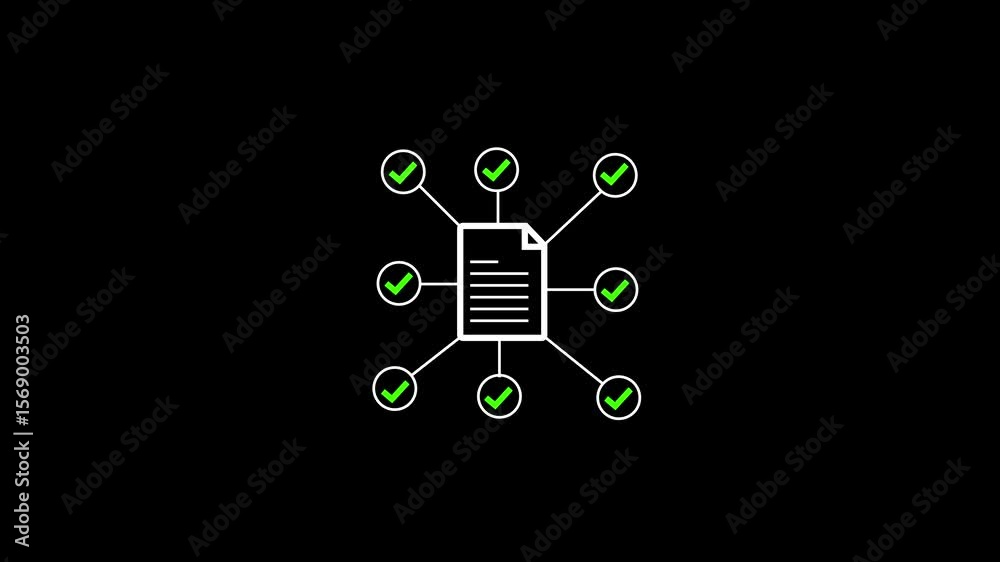 Poster document approval checkmark animation. simple verified file confirmation symbol for completed proces
