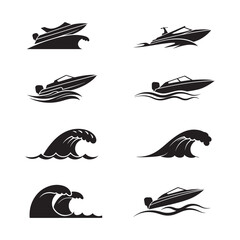 Obraz premium Black and White Boat and Wave Vector Icon Set speedboat