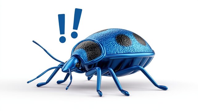 A metallic blue ladybug with black spots, rendered in 3D,  is shown against a white background with two blue exclamation points above it. It has long, thin legs and antennae