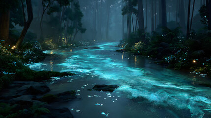 Surreal glowing cyan river winding through bioluminescent forest