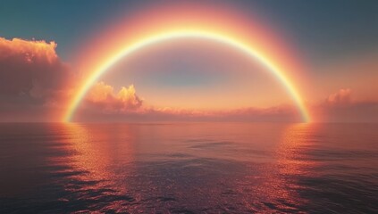 Golden Rainbow over Calm Ocean at Sunset