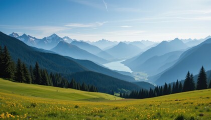 Fototapeta premium Panorama view of alpine mountains with green meadows and cloudy sky in summer