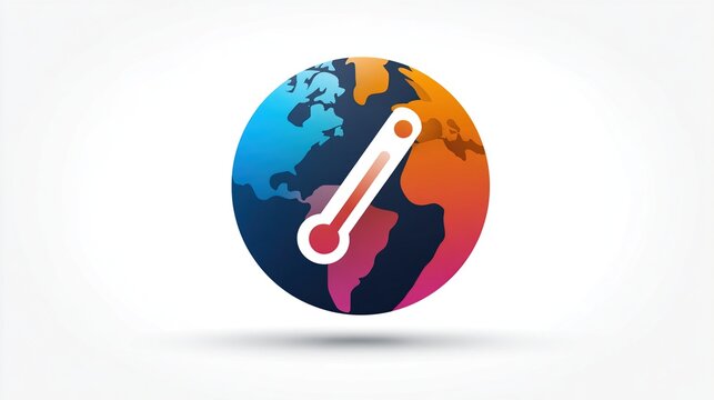 A stylized globe with a thermometer overlay, depicting global warming or climate change.  The globe is multicolored, representing diverse landmasses, and the thermometer shows a rising temperature