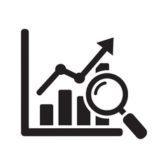 Market analysis icon with growth chart and magnifying glass symbolizing financial research business forecast investment strategy and data trend discovery vector solid glyph