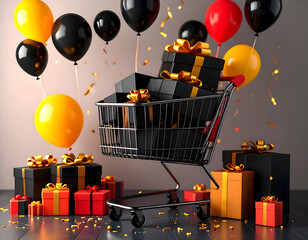 A shopping cart overflowing with gifts amidst floating balloons a celebration of festive shopping in
