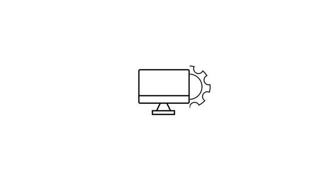 computer and gear icon representing system configuration and technical settings. Computer settings animation with gear and monitor icon representing system configuration, optimization.