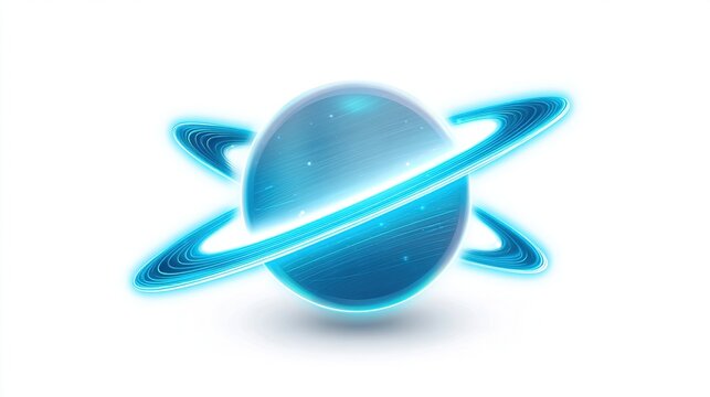 A stylized, blue planet with glowing rings in a semi-realistic, digital art style against white - Powered by Adobe