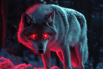 Mysterious glowing wolf with red neon eyes standing in dark foggy night, powerful fantasy animal with intense stare and dramatic lighting, cyberpunk spirit beast concept art