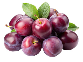 Delicious, ripe plums arranged in a beautiful stack with green leaves