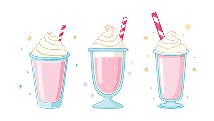 milkshakes in tall glasses with straws, strawberry, banana and chocolate