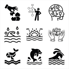 Fototapeta premium Pictogram Icon Set Presenting Business Concepts And Ocean Wildlife In Black And White Style
