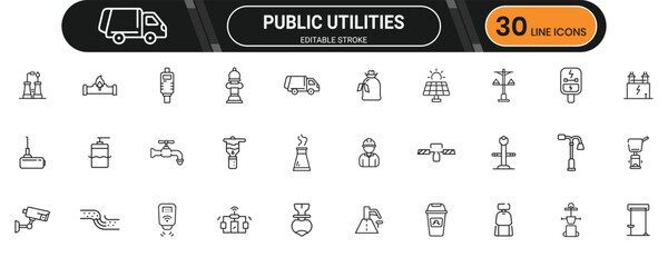 Public utilities line icon set. Containing water, electricity, gas, service, infrastructure, power, supply and more. Editable stroke. Vector illustration.