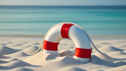 lifebuoy placed on sandy beach near ocean for safety and rescue
