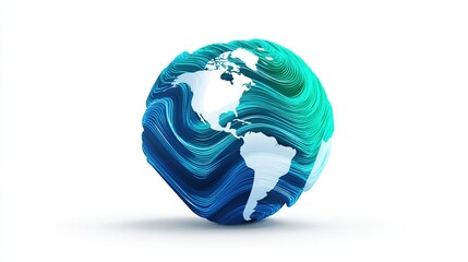 Abstract globe with swirling blue and green waves, depicting continents in white against a bright background