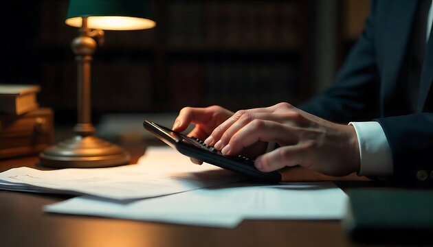 businessman uses vintage calculator to budget monthly expenses in dimly lit study with tax documents under green lamp. Business finance concept, created with generative ai