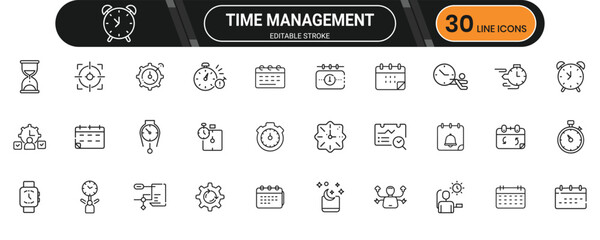 Time management icon set. Containing clock, calendar, deadline, schedule, alarm, planner, tasks, productivity and more. Editable stroke. Vector illustration.