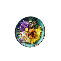 Vibrant Turmeric Rice Bowl with Pan-Fried Tofu and Colorful Vegetables