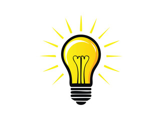Bright Yellow Light Bulb Shining with Rays of Light on White Background