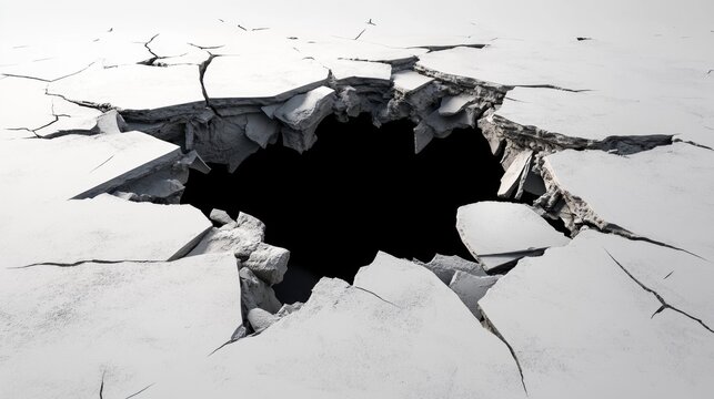 Realistic broken ground with deep black hole in cracked white concrete surface, symbol of danger or collapse