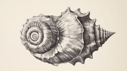 Hand drawn vintage seashell in retro sketch style with detailed spiral texture on beige background