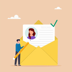 Employee recruitment process concept. A person writes and sends an online resume to a company. Human resources and personnel selection. Vector illustration.	