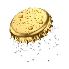 Wet golden crown cork with falling water droplets isolated. 3D rendering illustration. Transparent PNG image.