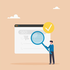 SEO optimization. An analyst who works with website data, analyzes search queries and selects keywords. Vector illustration	
