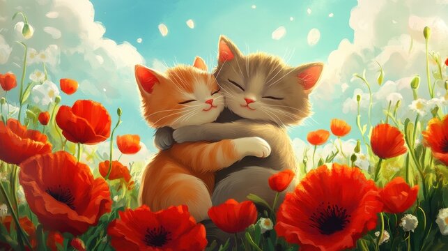 Two cute cartoon kittens hugging in poppy flower field under blue sky with clouds and warm soft sunlight