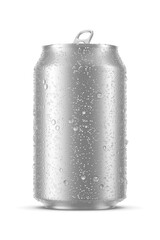A silver classic beverage can 330ml showcasing visible droplets of condensation isolated. 3D rendering illustration. Transparent PNG image.