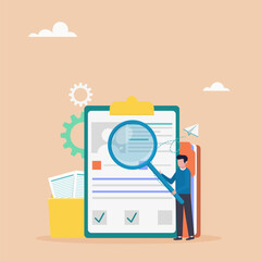 Recruitment agency, personnel service, recruitment network concept. The manager is looking for a candidate in a huge resume for the position. Vector illustration.	