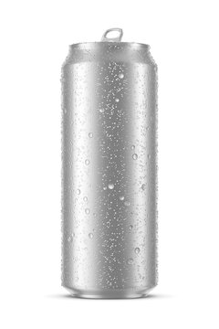 Classic aluminum drink can 450ml with water droplets isolated. 3D rendering illustration. Transparent PNG image.