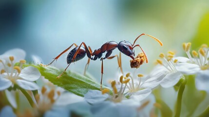 Closeup of ant walking on green leaf among white flowers in bright nature scene with soft light and focus