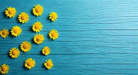 Obraz premium A bouquet of small yellow daisies scattered across a faded blue wooden surface, offering a subtle minimalist aesthetic