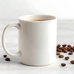 A close up view of a white mug filled with coffee and coffee beans on a white wooden surface