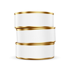 Stack of 100ml tin cans with blank label isolated. 3D rendering illustration. Transparent PNG image.