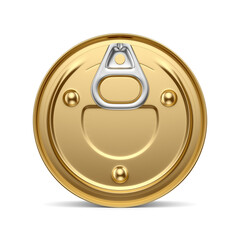 Top view of golden round tin can with pull tab isolated. 3D rendering illustration. Transparent PNG image.