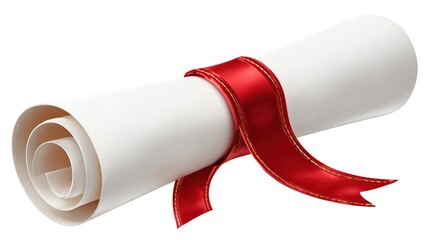 Rolled white paper scroll tied with a vibrant, flowing red ribbon