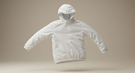 Minimalist White Hooded Jacket Floating in Air on Neutral Background for Product Display