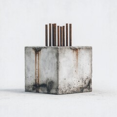 Rusty steel rebar reinforcing weathered concrete cube isolated on bright white background