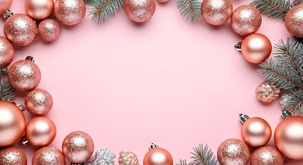A chic pink Christmas flatlay with rose gold baubles, silver pinecones, and carefully wrapped presents positioned to form an elegant border, leaving ample space for holiday copy in the center