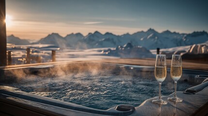 Indulgent mountain spa retreat featuring steamy outdoor hot tub and champagne at sunset