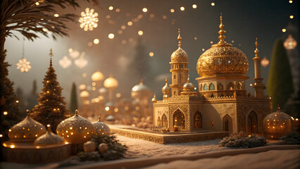 Golden Mosque in Festivity: A magnificent golden mosque shimmers in the soft glow of festive lights, evoking a sense of reverence and cultural richness during a celebration.