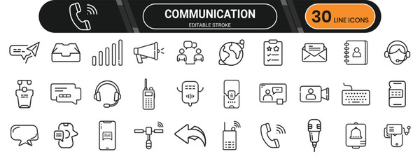 Communication line icon set. Containing chat, call, message, discussion, talk, signal, exchange, feedback, connect and more. Editable stroke. Vector illustration.