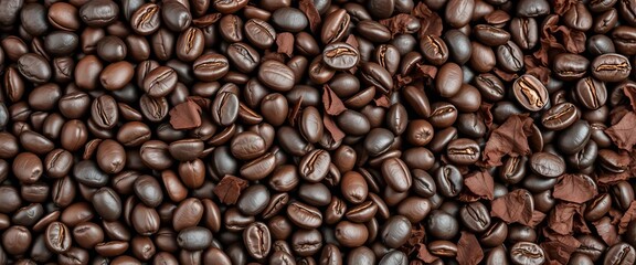 Fototapeta premium Dark roasted coffee beans & rich chocolate shavings intertwined, delicious, spoon