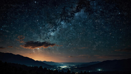 山の向こうに見える星空、夜景
