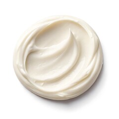 A close up shot of a swirl of white cream on a white background with soft shadows and smooth texture