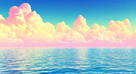  A colorful abstract sky with vibrant cumulus clouds drifting above a vast, sparkling sea, blending pastel pinks, yellows, and blues in a peaceful scene