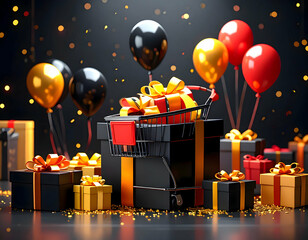 A shopping cart brimming with gifts celebrating Black Friday with festive balloons and soft bokeh