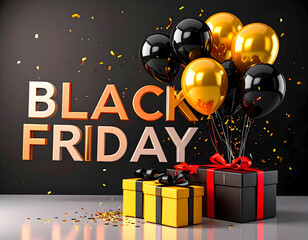 A Black Friday celebration with gold and black balloons next to colorful gifts presented against
